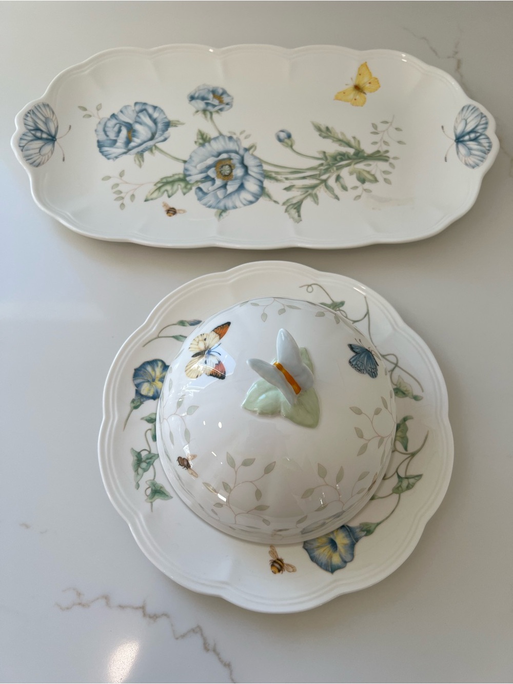 Lenox Porcelain Butterfly Meadow Covered Butter Dish and Sandwich Tray